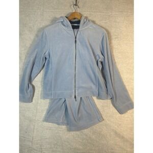 Oleg Cassini Velour Tracksuit Hoodie Pants Set Baby Blue Lounge Wear Size L
